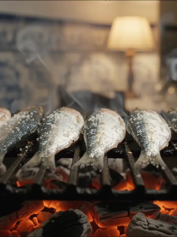 Sardines on the charcoal grill, with blue and white tiles on the wall behind