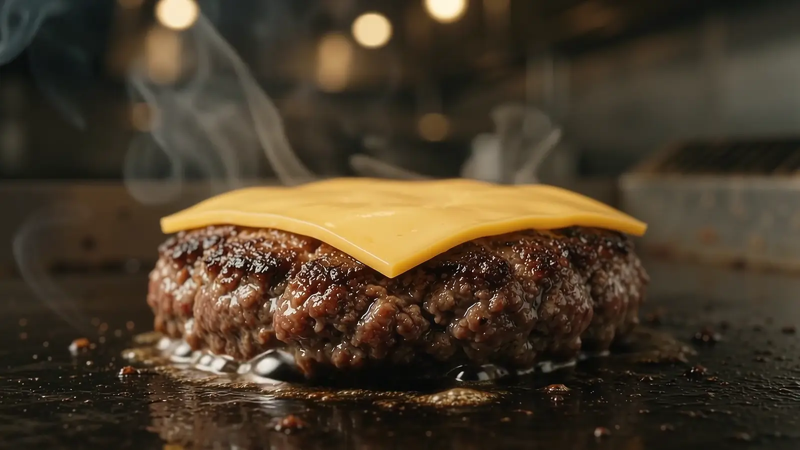 A beef patty on the griddle with a slice of cheese melting over it